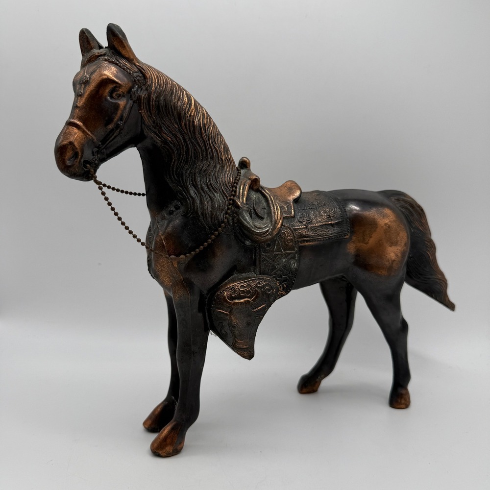 Vintage Horse Figurine Copper Black Western Saddled Metal Statue 10"